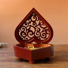 Load image into Gallery viewer, Creative Heart Shaped Vintage Wood Carved Mechanism Musical Box Wind Up Music Box Gift, Golden Movement