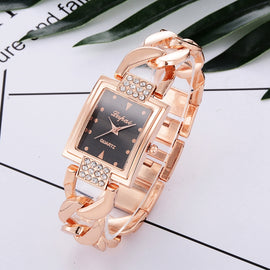 Square Dial Diamond Plated Hollow Alloy Bracelet Strap Quartz Watch for Women
