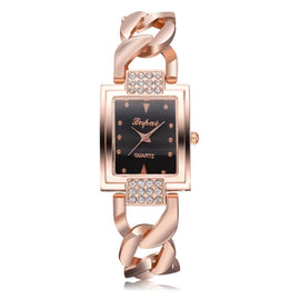 Square Dial Diamond Plated Hollow Alloy Bracelet Strap Quartz Watch for Women