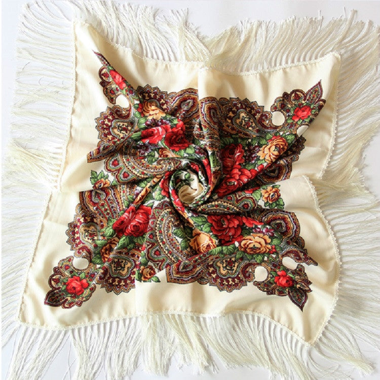 Ethnic Style Retro Tassel Square Scarf Flower Pattern Headscarf Scarf