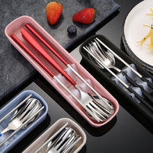 Load image into Gallery viewer, 3pcs / Set Portable Stainless Steel Tableware Creative Set Chopsticks Spoon Fork Gift, Steel, Black, Pink, Red, Blue