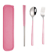 Load image into Gallery viewer, 3pcs / Set Portable Stainless Steel Tableware Creative Set Chopsticks Spoon Fork Gift, Steel, Black, Pink, Red, Blue