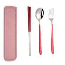 Load image into Gallery viewer, 3pcs / Set Portable Stainless Steel Tableware Creative Set Chopsticks Spoon Fork Gift, Steel, Black, Pink, Red, Blue