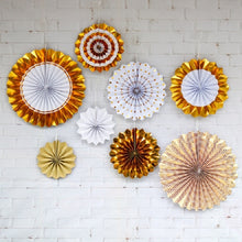 Load image into Gallery viewer, 2 Sets Bronzing Paper Fan Flower Set Birthday Holiday Wedding Party Decoration, Bronzing 8pcs, Hot Silver 8pcs, Black 8pcs, Rose Gold 8pcs, Champagne Gold 8pcs, Colorful Hollow 8pcs, Bronzing 6pcs