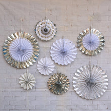 Load image into Gallery viewer, 2 Sets Bronzing Paper Fan Flower Set Birthday Holiday Wedding Party Decoration, Bronzing 8pcs, Hot Silver 8pcs, Black 8pcs, Rose Gold 8pcs, Champagne Gold 8pcs, Colorful Hollow 8pcs, Bronzing 6pcs
