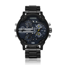 Load image into Gallery viewer, CAGARNY 6820 Fashionable Business Style Large Dial Dual Time Zone Quartz Movement Wrist Watch with Stainless Steel Band &amp; Calendar Function for Men((Black Steel Band Blue Window)