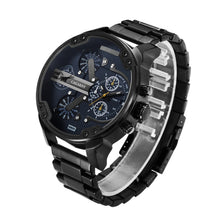 Load image into Gallery viewer, CAGARNY 6820 Fashionable Business Style Large Dial Dual Time Zone Quartz Movement Wrist Watch with Stainless Steel Band &amp; Calendar Function for Men((Black Steel Band Blue Window)
