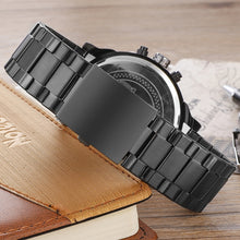 Load image into Gallery viewer, CAGARNY 6820 Fashionable Business Style Large Dial Dual Time Zone Quartz Movement Wrist Watch with Stainless Steel Band &amp; Calendar Function for Men((Black Steel Band Blue Window)