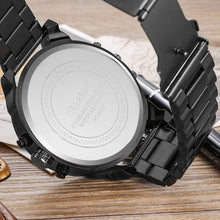 Load image into Gallery viewer, CAGARNY 6820 Fashionable Business Style Large Dial Dual Time Zone Quartz Movement Wrist Watch with Stainless Steel Band &amp; Calendar Function for Men((Black Steel Band Blue Window)
