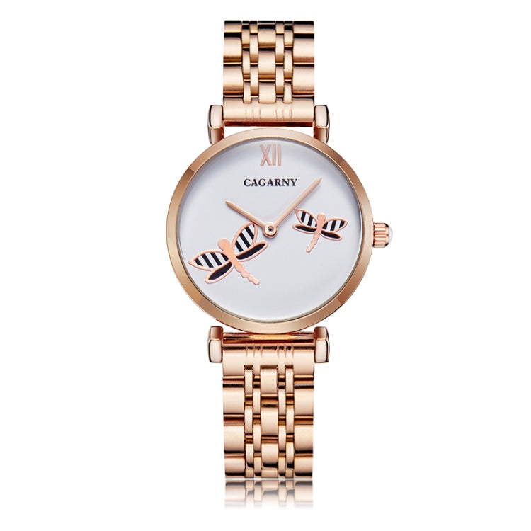 CAGARNY 6880 Fashion Life Waterproof Dragonfly White Background Gold Steel Band Quartz Watch
