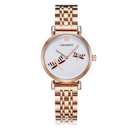 CAGARNY 6880 Fashion Life Waterproof Dragonfly White Background Gold Steel Band Quartz Watch