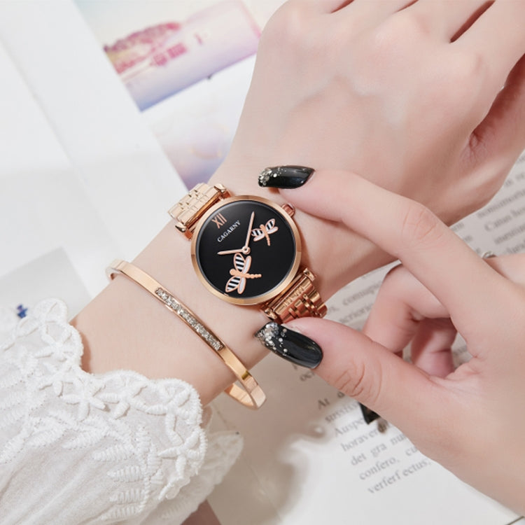 CAGARNY 6880 Fashion Life Waterproof Dragonfly White Background Gold Steel Band Quartz Watch