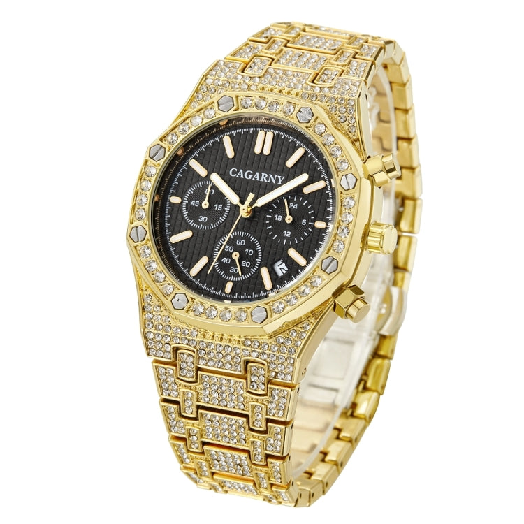 CAGARNY 6881 Diamond-studded Six-needles Guartz Dual Movement Watch Men Stainless Steel Strap Watch (Gold Shell Gold Dial)