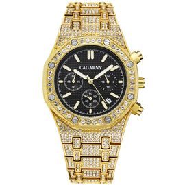 CAGARNY 6881 Diamond-studded Six-needles Guartz Dual Movement Watch Men Stainless Steel Strap Watch (Gold Shell Gold Dial)
