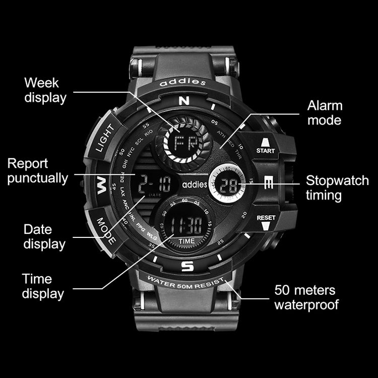 addies MY-1901 Luminous Three-window LED Outdoor Sports Multi-function Electronic Watch for Men, Support Calendar / Alarm Clock / Timer / Talking