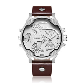 CAGARNY 6820 Fashionable Multifunctional Style Quartz Business Sport Wrist Watch with Leather Band & GMT Time & Calendar & Luminous Display for Men(Brown Band White Window)