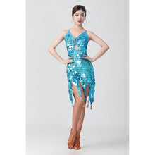 Load image into Gallery viewer, Sling Sequin Deep V Latin Dance Dress Competition Performance Costume, Free Size