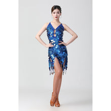 Load image into Gallery viewer, Sling Sequin Deep V Latin Dance Dress Competition Performance Costume, Free Size