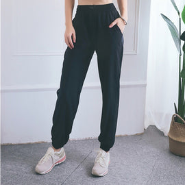 High Waist Drawstring Fitness Pants Loose Casual Sports Yoga Clothes (Color:Quicksand Powder Size:S)