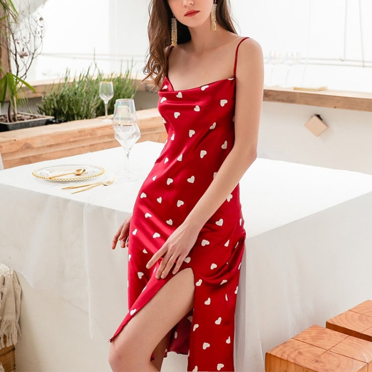 Summer Love-heart Pattern Nightdress Imitation Silk Long Suspender Dress for Ladies, L, Xl, M, Xxl