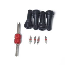 Load image into Gallery viewer, Snap-in Short Black Rubber Valve Stem (TR413) 4-Pack with Valve Core Wrench for Tubeless 0.453 Inch 11.5mm Rim Holes on Standard Vehicle Tires, TR413