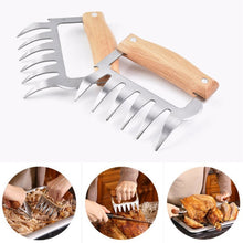Load image into Gallery viewer, 2 PCS Bear Claw Shaped stainless steel Barbecue Fork Chicken Shredded Wooden Handle  Anti-skid Creative Kitchen Fork Claw Meat Claw Splitter with, Meat Claw Splitter(Redwood), Meat Claw Splitter(Wood color)