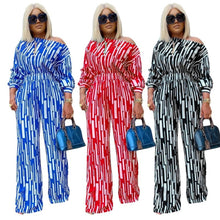 Load image into Gallery viewer, Large Size Striped Printing Oblique Long-sleeved Shoulder Loose Fashion Casual Suit, L, XL, XXL, XXXL, XXXXL
