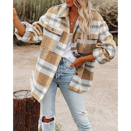 Lapel Long Sleeve Flannel Check Shirt Loose Casual Cardigan Jacket for Ladies, S, M, L, XL, XXL