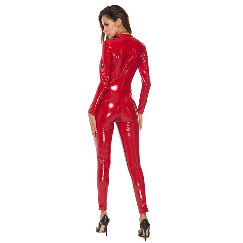 Belle Amoureuse Latex Feel Double Zipper Open Crotch Skin-Tight Catsuit