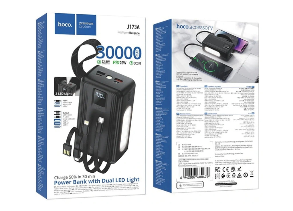 Hoco J173A 30000mAh 22.5W Fast Charging Power Bank with 4 Cables & 2 LED Torch