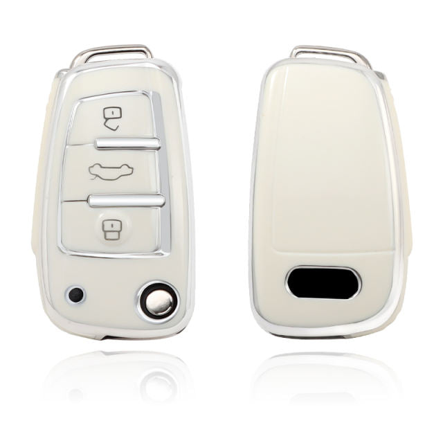 Premium Tpu Car Key Cover Compatible With Audi 3 Button White And Silver