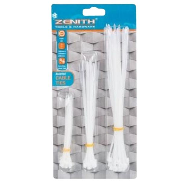 Zenith - Assorted Cable Ties, 60 Pieces Sizes: 100mm, 150mm & 200mm - White