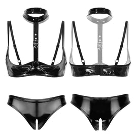 Belle Amoureuse - Women Black Faux Leather PVC Bra & Open Crotch Panty Set