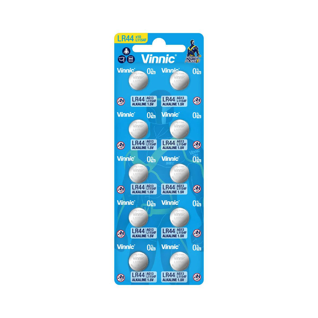 Vinnic Alkaline Button Cell Battery LR44 AG13 / L1154F (1.5V) - Pack of 10