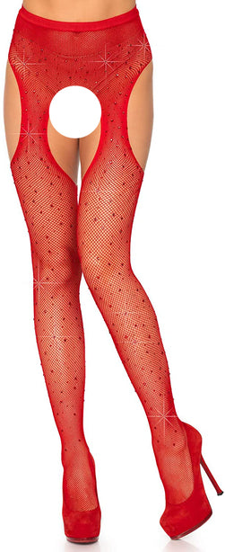 Belle Amoureuse Shiny Crystal Rhinestone Open Crotch Fishnet Stockings - Black