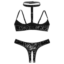 Belle Amoureuse - Women Black Faux Leather PVC Bra & Open Crotch Panty Set