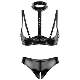 Belle Amoureuse - Women Black Faux Leather PVC Bra & Open Crotch Panty Set