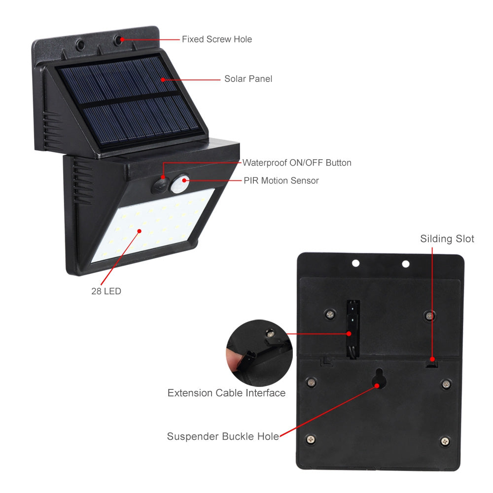 Mihuis 28 LED Detachable Solar Motion Sensor Security Outdoor Wall Floodlight