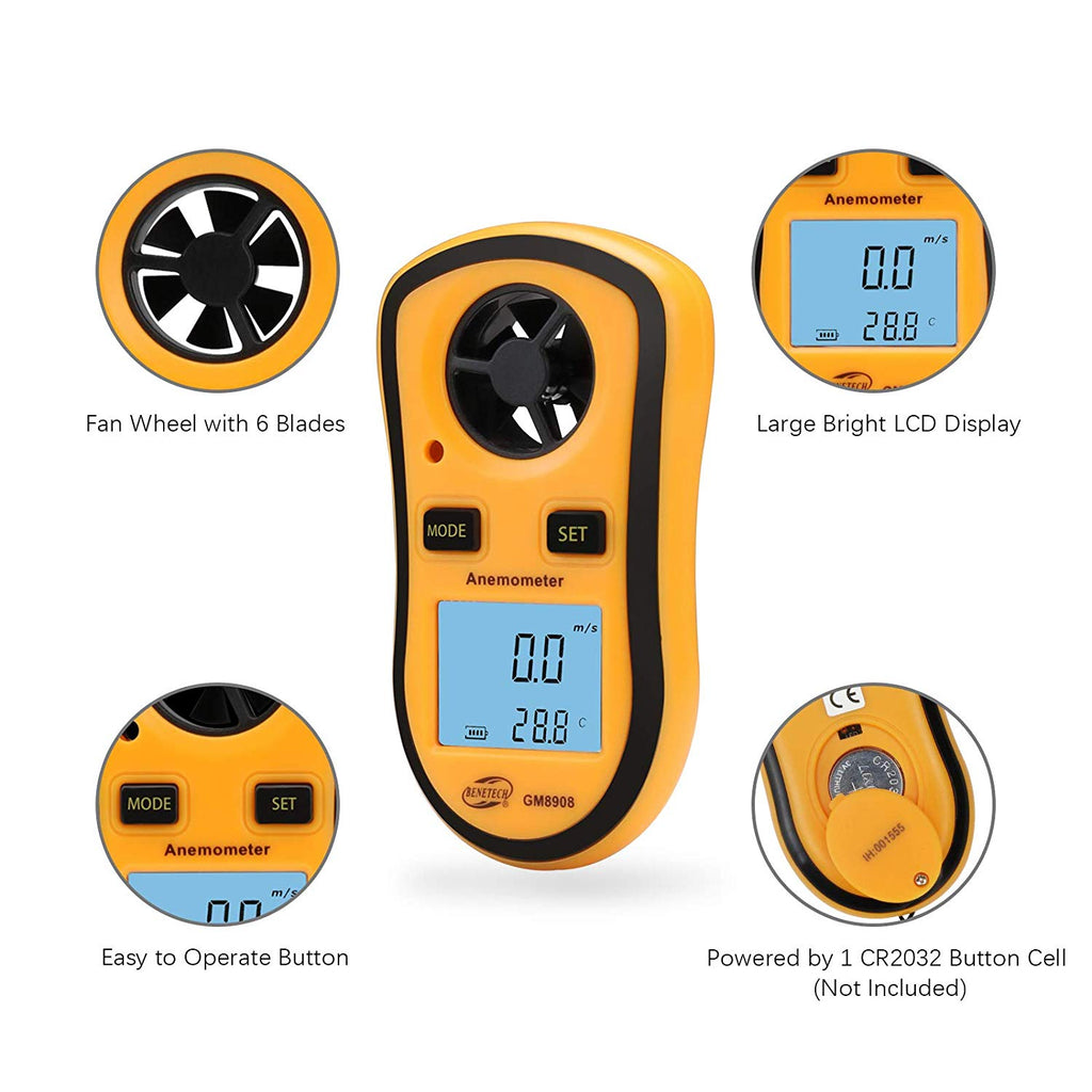 Benetech GM8908 Digital Anemometer Thermometer Wind-Speed Meter Handheld with LCD