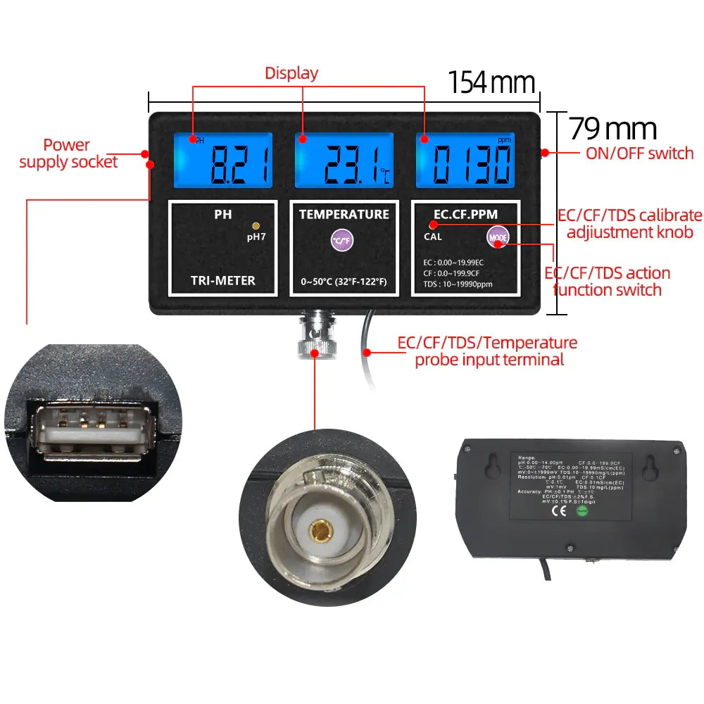 5-in-1 Water Quality Multi-Parameter PH EC CF TDS Meter Techme