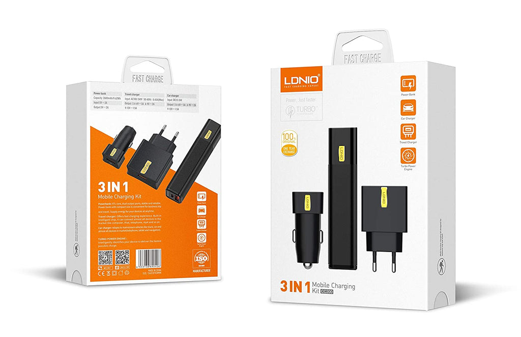LDNIO CC200 3 in 1 Mobile Charging Kit - Car Charger, Power Bank & Travel Charger