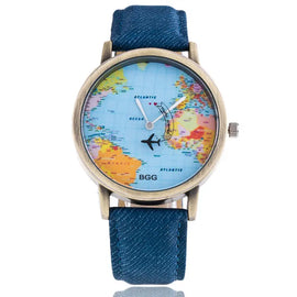 New Global Travel By Plane Map Women Dress Watch Denim Fabric Band Awesome Imports