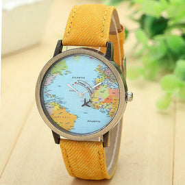 New Global Travel By Plane Map Women Dress Watch Denim Fabric Band Awesome Imports