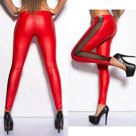 Red Faux Leather Mesh Side Leggings Awesome Imports
