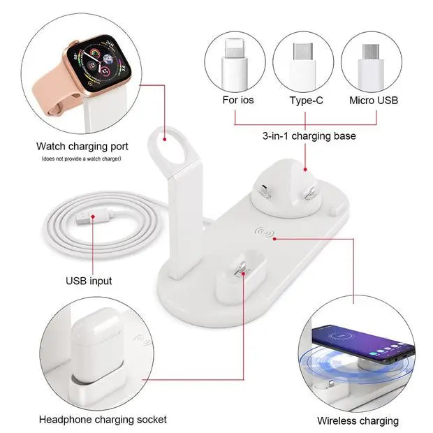 Techme 6 in 1 Wireless Charging Dock for iOS/Airpods/Apple Watch & Android Awesome Imports
