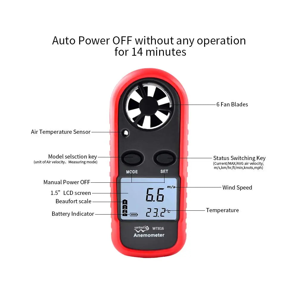 Wintact WT816 Handheld Wind Speed &amp; Digital Air Temperature Anemometer Meter Awesome Imports