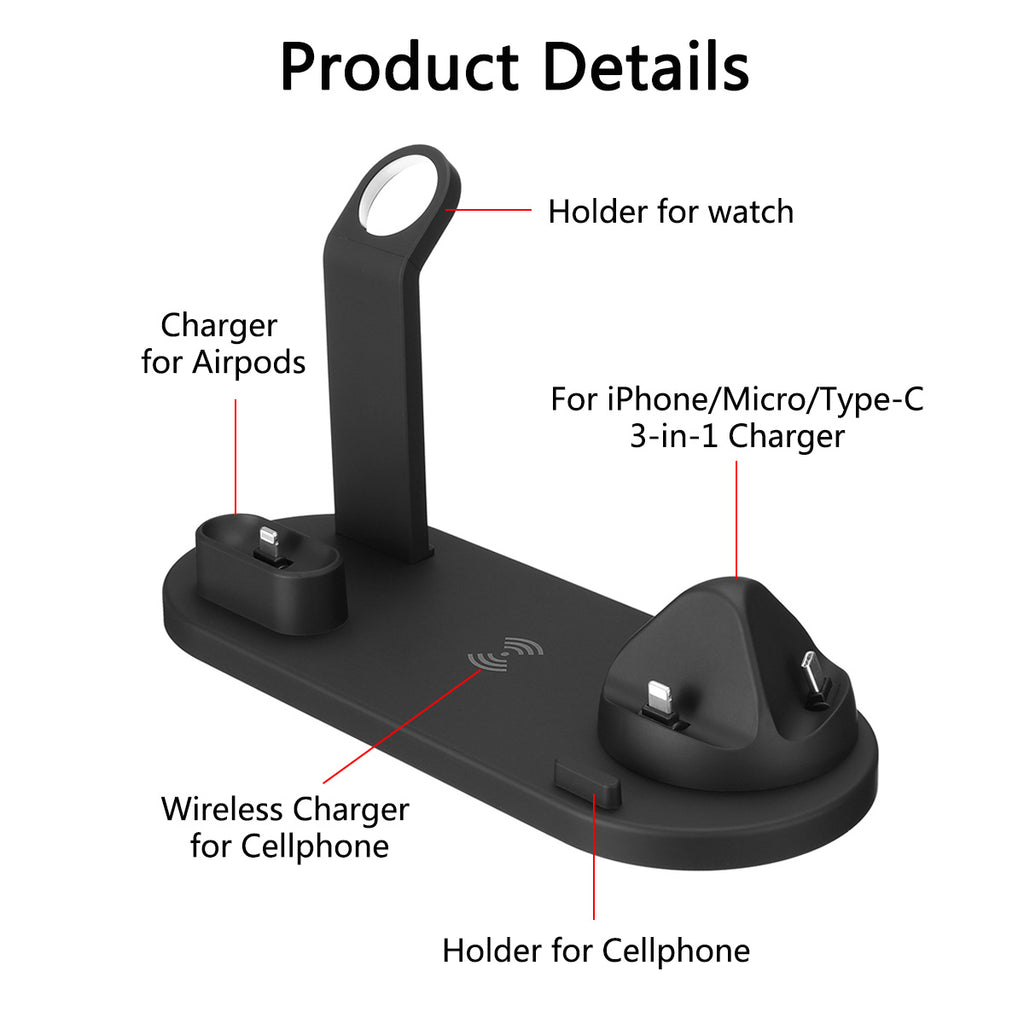 Techme 6 in 1 Wireless Charging Dock for iOS/Airpods/Apple Watch & Android