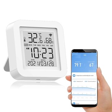 Tuya WIFI Temperature Humidity Smart Sensor Clock Digital Display Remote Control Thermometer Support Alexa Google Assistant