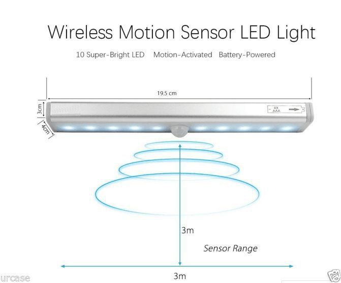 10 Led Light Bar Battery Operated Wireless Motion Sensor Detector Night Light