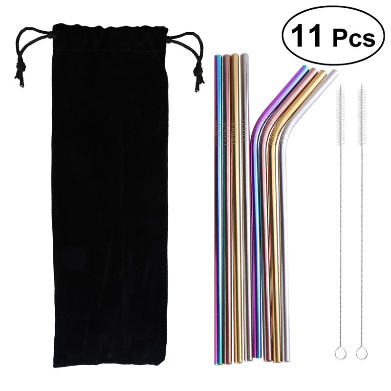 11pcs Stainless Steel Drinking Straws Reusable Curved & Straight Straws Set for Yeti 20oz with 2 Brushes and A Black Cloth Bag